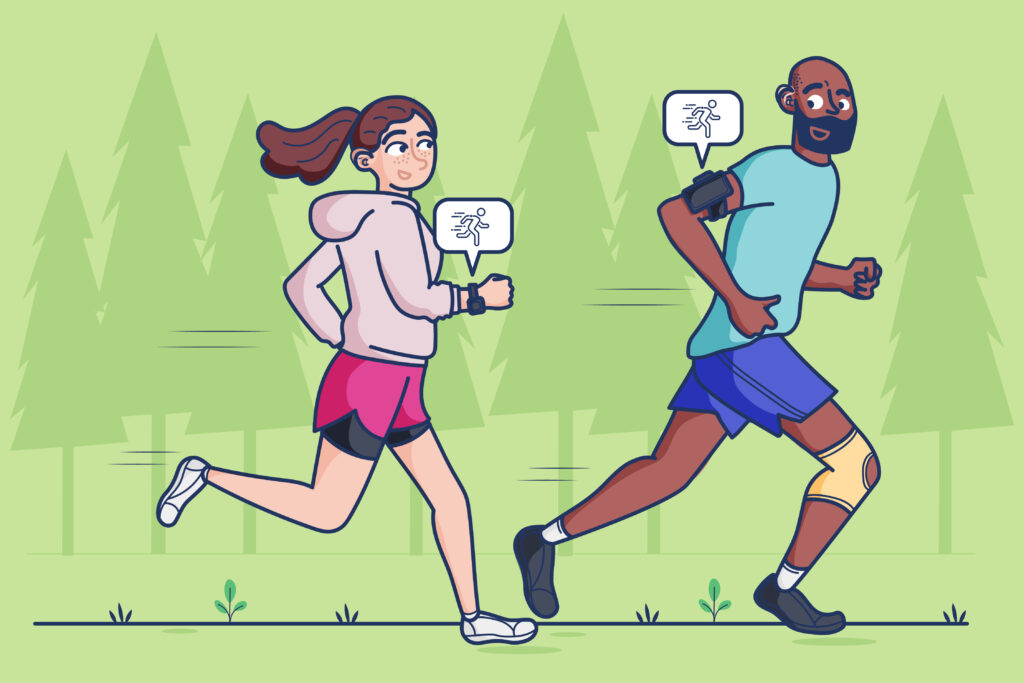 An illustration of a woman and a man running, wearing fitness devices.