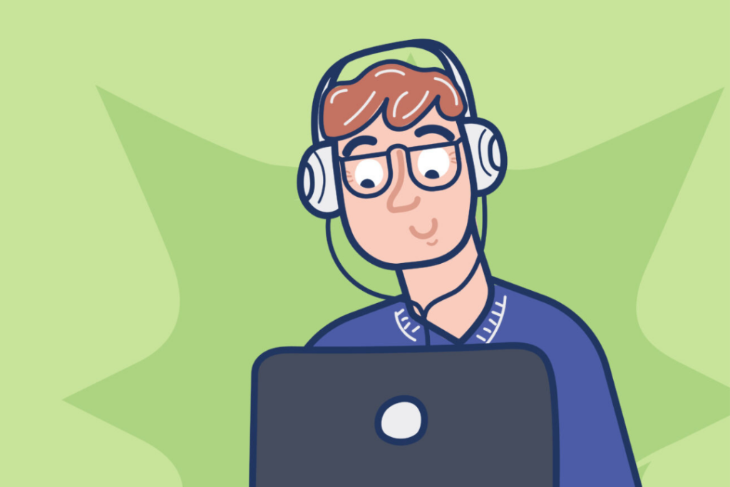 An illustration of a man using a laptop and wearing headphones