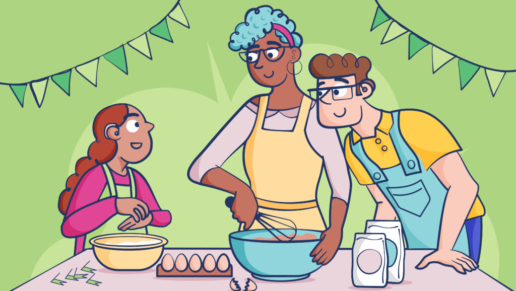 An illustration of three people baking. A child wearing a hearing aid signs 'cake' with their hands. Two adults are speaking the child while they bake. 