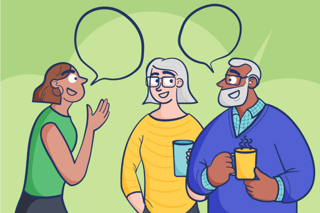 An illustration of three people, an older woman and man holding cups of tea speaking with a younger woman.