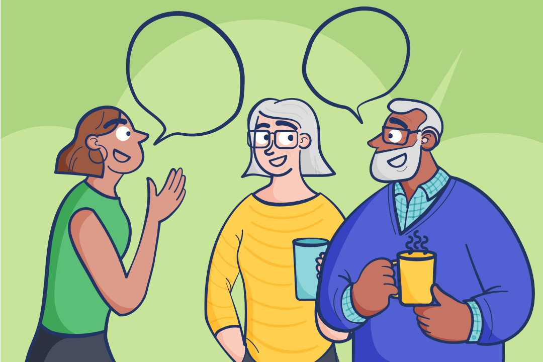 An illustration of three people talking. Two are older, and one is wearing a hearing aid. Both are smiling. The third person is younger and smiling back as they all talk.