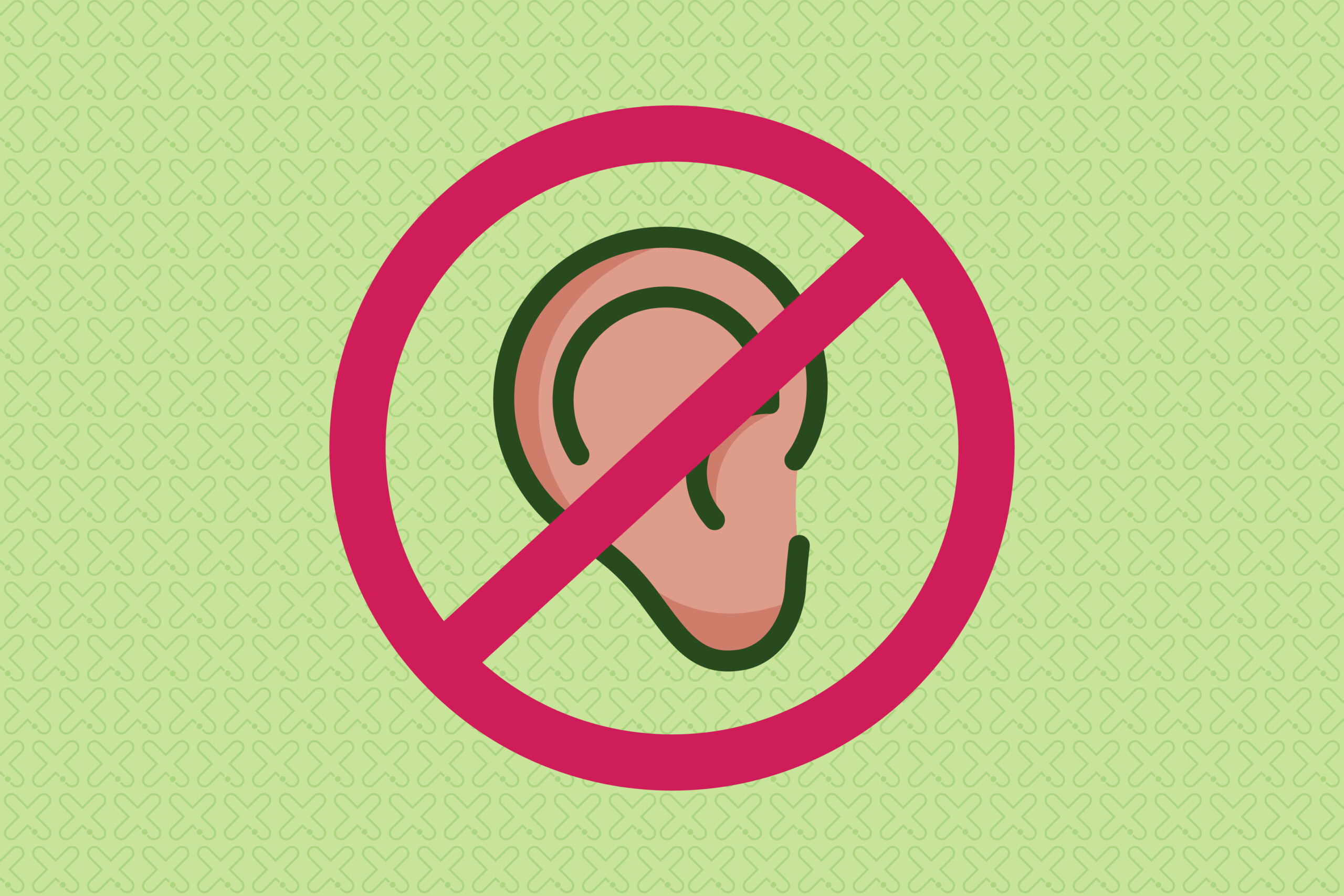 An illustration of an ear with a 'banned' icon over the top.