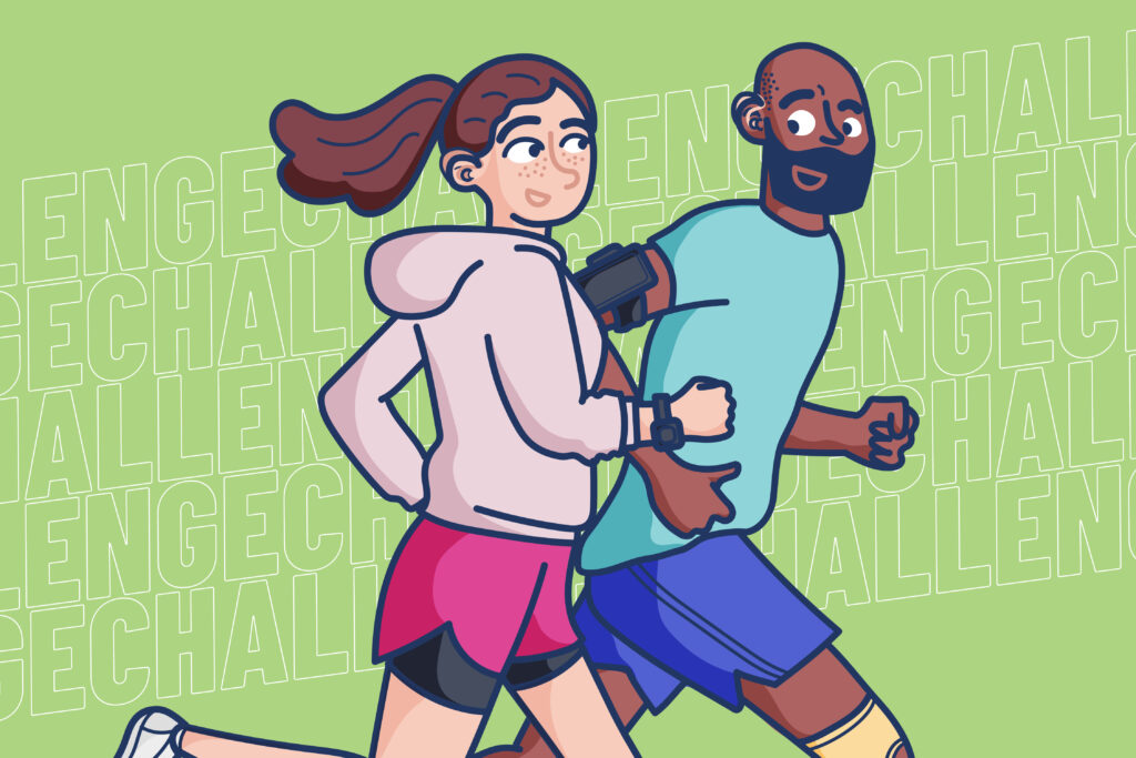 An illustration of two people running, looking at each other and smiling. The background text says: "Challenge".