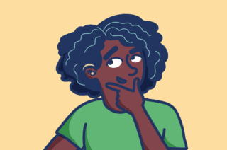 An illustration of a woman wearing a hearing aid looking thoughtful.