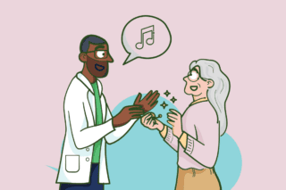 An illustration of a doctor helping a woman with her hearing aid.