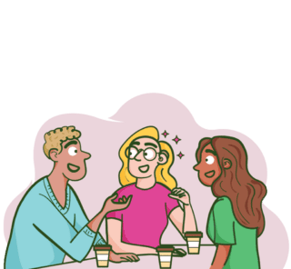 An illustration of three people at a table talking and drinking coffee. One of the group wears a hearing aid.