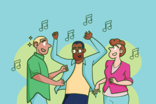 An illustration of three people dancing. One of the group wears a hearing aid.