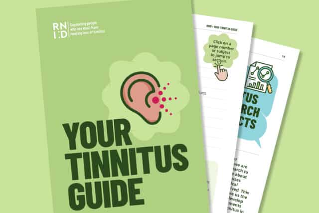 An illustration of the front cover of the RNID guide with the words 'Your tinnitus guide' and a sample of the inside pages.